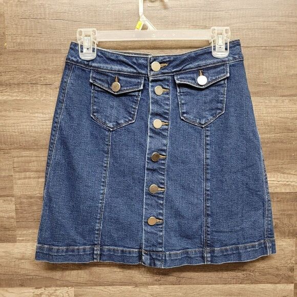 Loft Jean Mini Skirt Size 0 Womens Blue Denim Button Front High Rise Medium Wash - Picture 3 of 14
